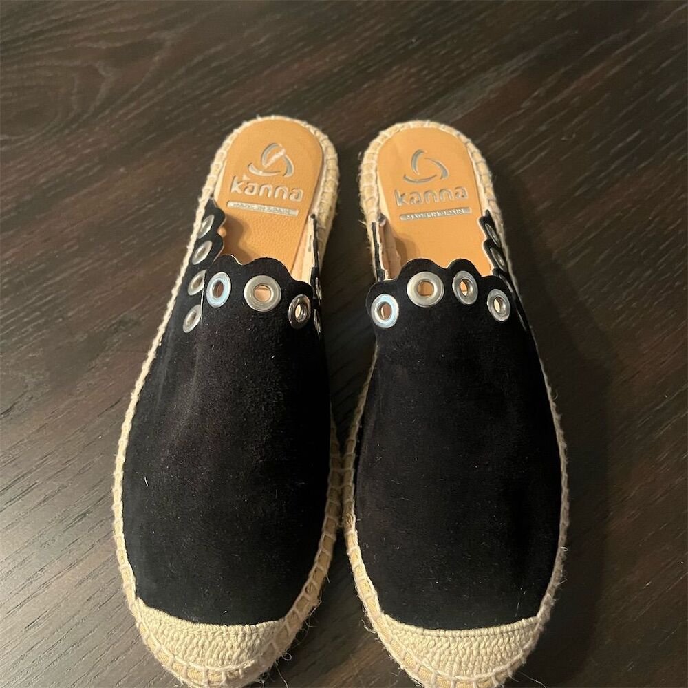 Kanna Women's Black Suede Espadrilleβ Mules with Eyelets Made in Spain sz6 EU 37